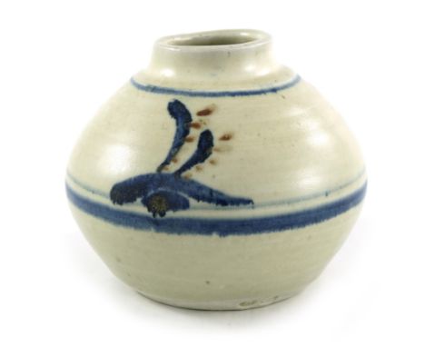 Bernard Leach, a St Ives studio pottery vase, ovoid form, painted with blue bands and stylised leaves, personal and studio se