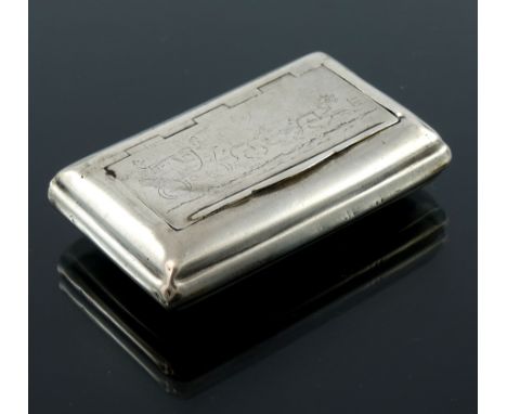 A George III silver snuff box, John Shaw, Birmingham 1814, the inset hinged lid engraved with a coaching scene, milestone ins