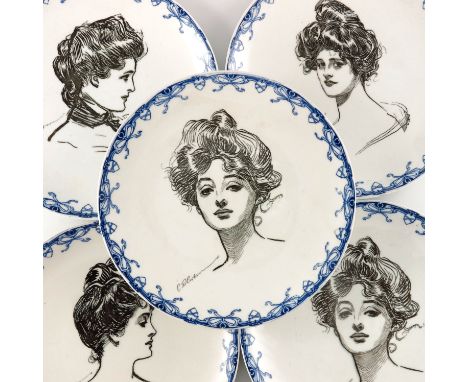 Charles Dana Gibson for Royal Doulton, five blue and white Gibson Girl plates, circa 1902, transfer printed with portrait bus