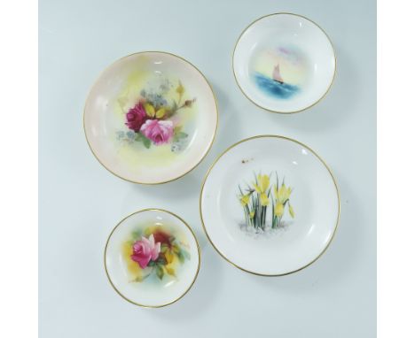 Two Royal Worcester rose painted dishes, together with two others, one signed M Hunt, another with a marine scene with yacht,