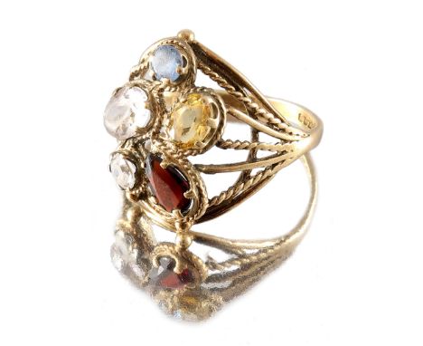 A gold multi-gem ring, rope-twist and open wire setting, gemstones to include garnet and citrine, size R, 3.7g