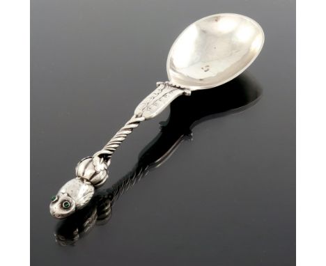 Georg Jensen, a Danish Skonvirke silver spoon, model 39, Copenhagen 1924, modelled with an owl on melon finial, set with gree