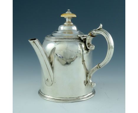 A Victorian silver plated Argyll, Adams and Son, London, circa 1840, domed form with ogee lid and ivory finial, S scroll hand