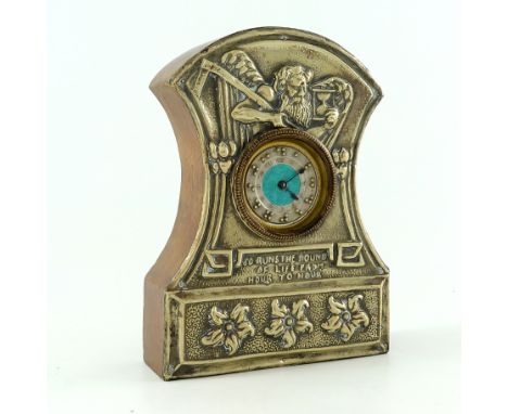 An Arts and Crafts silver plated and enamelled mantle clock, domed and waisted form, embossed with Father Time resting over a