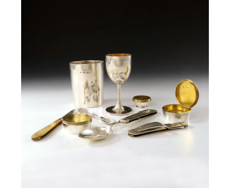 A Victorian silver travelling dining set, Brownett and Rose, London 1860, the large beaker in a Moroccan leather case, contai