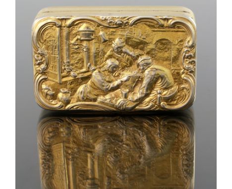 A George III silver gilt snuff box, John Linnit, London 1815, cuboid form, the lid cast in relief with a Dutch genre tavern i