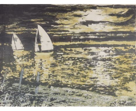 Ian Weekley (1932-2005), Last Boats In, lithograph, signed and titled, dated 1959, 48cm x 63cm, framed