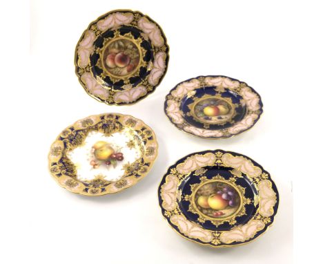 Richard Sebright for Royal Worcester, four fruit painted plates, three with roundels within a cobalt and raised gilt ground, 