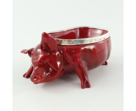 Charles Noke for Royal Doulton, a silver mounted Flambe pig dish, 1907, printed flambe marks, 14cm long