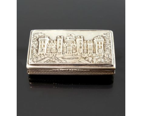 A William IV silver castle top snuff box, Nathaniel Mills, Birmingham 1830, rectangular section, the hinged lid cast in relie