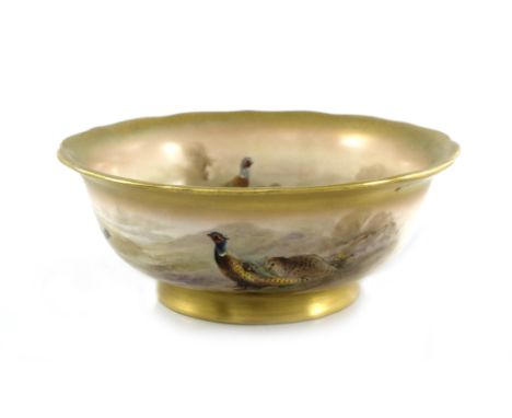 James Stinton for Royal Worcester, a painted bowl, 1916, rounded with everted serpentine rim, decorated with pheasants to the