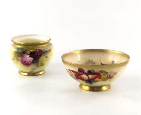 Kitty Blake for Royal Worcester, a rose painted vase and a blackberry painted bowl, 1917 and 1928, shouldered ovoid and round