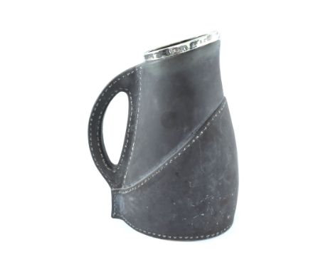 A Royal Doulton stoneware leather effect jug, silver mounted, stitched form with matte glaze, 23cm high
