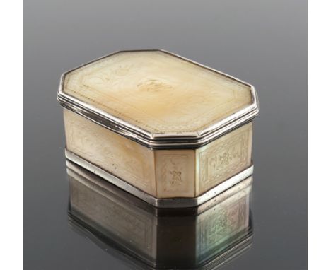 A Continental and Chinese silver and mother of pearl snuff box, circa 1800, chamfered cuboid form, the panels engraved and et