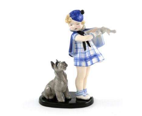Germaine Bouret for Goldscheider, Komm mit! figure group, model 7664, circa 1936, modelled as a girl with Scottie dog, printe