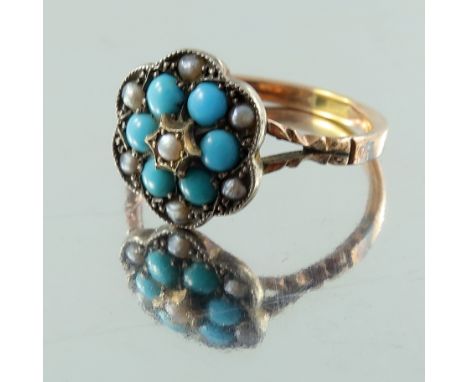 An early 20th century gold, turquoise cabochon and split pearl floral cluster ring, ring size Q, 3g