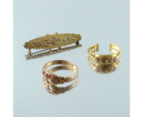 A selection of gold diamond jewellery, to include an 18ct gold ring, a 15ct gold ring and a 9ct gold brooch, AF, total weight