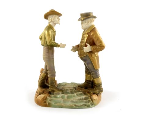James Hadley for Royal Worcester, a Shot enamels Anglo American figure group, circa 1897, modelled as John Bull and Uncle Sam