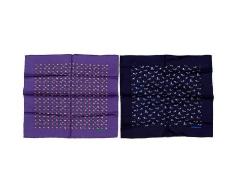Two Hermes Pocket Silk Squares made in France. Measurements: 16 x 16 in. approximately. Condition: Excellent - shows very min