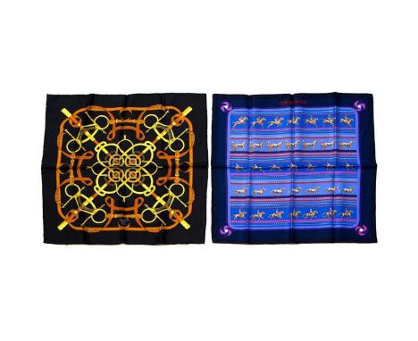 Two Hermes Pocket Silk Squares made in France. Measurements: 16 x 16 in. approximately. Condition: Excellent - shows very min