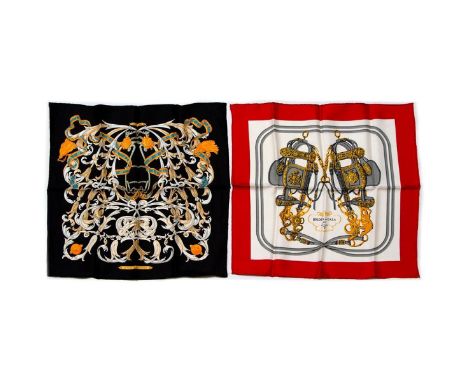 Two Hermes Pocket Silk Squares made in France. Measurements: 16 x 16 in. approximately. Condition: Excellent - shows very min