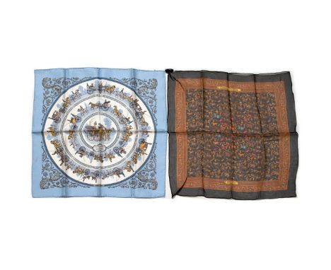 Two Hermes Pocket Silk Squares made in France. Measurements: 16 x 16 in. approximately. Condition: Excellent - shows very min