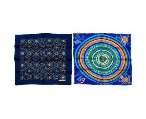 Two Hermes Pocket Silk Squares made in France. Measurements: 16 x 16 in. approximately. Condition: Excellent - shows very min