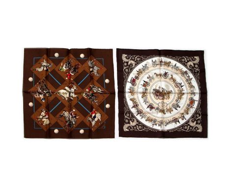 Two Hermes Pocket Silk Squares made in France. Measurements:&nbsp;16 x 16 in.&nbsp;approximately. Condition: Excellent - show