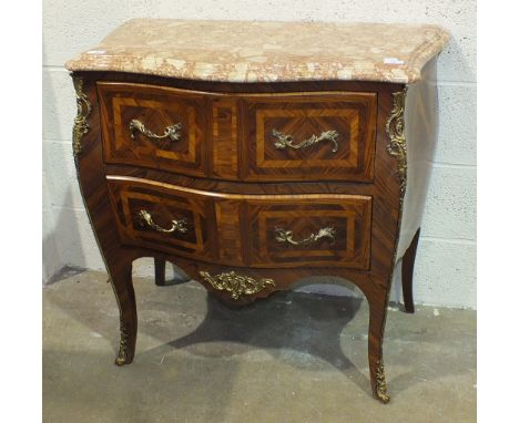 A reproduction Louis XV style bombe-shaped commode the composite marble top above two drawers with overall metal mounts, 86cm