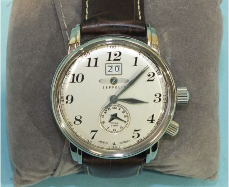 Zeppelin, a gent's LZ127 Dual Time quartz watch, the silvered dial with Arabic numerals, date apertures and hours secondary, 