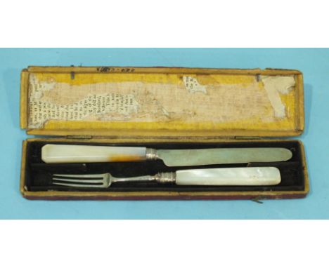A George III silver fruit knife and fork with mother-of-pearl handles, Birmingham 1808, maker JW, in fitted box.