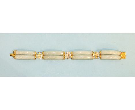 A modern Chinese jade bracelet of four pairs of curved jade batons united by 14ct yellow gold plaques, 18cm, 36g.
