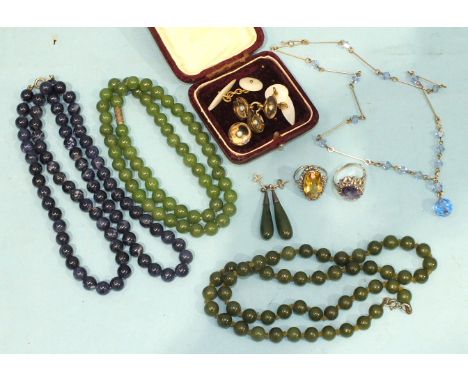 An amethyst ring in silver mount, a similar citrine ring, various lapis lazuli and jade necklaces, a pair of turquoise-set cu