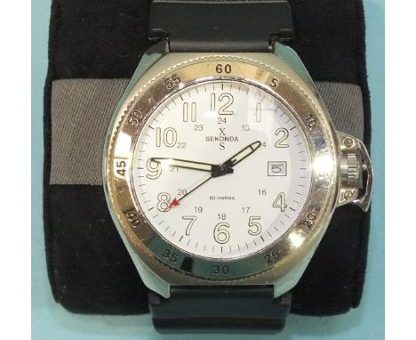 Sekonda, an XS quartz wrist watch, the white dial with Arabic numerals and date aperture and centre sweep seconds, in steel c