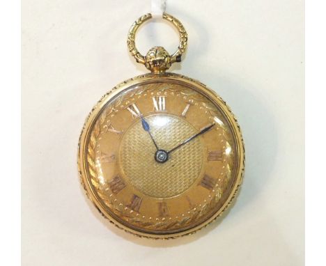 An 18ct-gold-cased open-face pocket watch, the engine-turned gilded face with applied gold Roman numerals and rope-twist bord