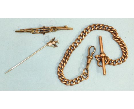 A 9ct rose gold curb link watch chain (shackle af), 21cm, 21.6g, a 9ct gold bar brooch (af) and a stick pin with opal set bug