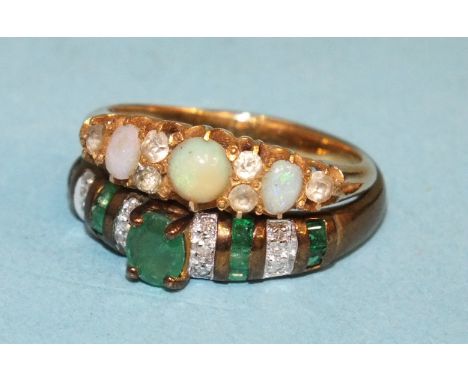 A Brooks & Bentley 9ct gold ring set emeralds and 8/8-cut diamond points, size P, 2.1g, boxed, and an opal and white paste ri