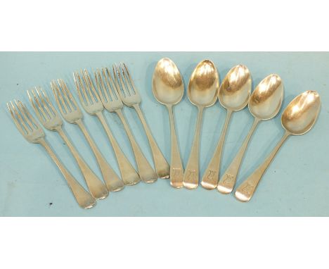 Six William IV silver dessert forks, London 1836, maker W E, four silver dessert spoons, London 1813, maker S H and one other