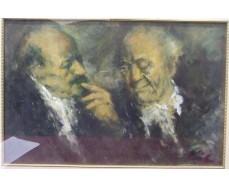 •Ken Paine (b. 1926) HEAD AND SHOULDER PORTRAIT OF TWO ELDERLY GENTLEMEN IN CONVERSATION Signed acrylic on canvas, 50 x 78cm.