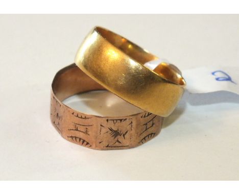 A 22ct gold wedding band, size J½, 3.2g and a 9ct rose gold wedding band, size K½, 1.4g, (2).