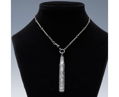 Art Nouveau chatelaine mechanical pencil pendant crafted in sterling silver, featuring intricate repousse floral and scroll d
