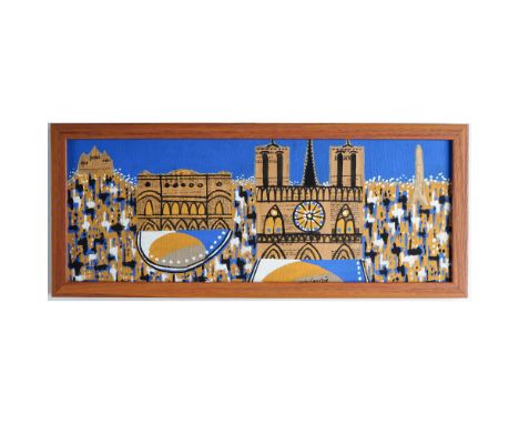 Colorful midcentury modern style artwork on acrylic board, featuring stylized depictions of iconic Parisian landmarks includi