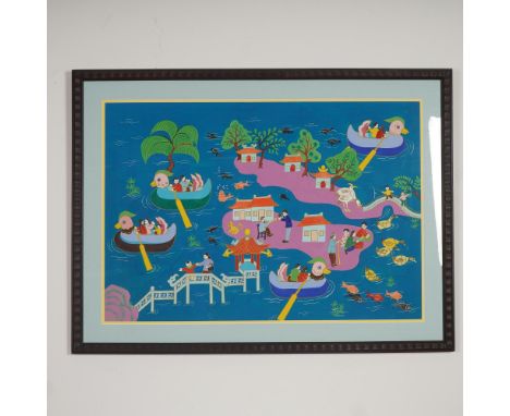 Colorful and intricate Folk artwork painting in gouache on paper depicting a whimsical lakeside scene, by Chinese artist Wen 