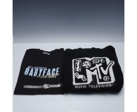 A 3-piece collection of vintage MTV memorabilia, including a commemorative wristwatch from the 1996 MTV Video Music Awards fe