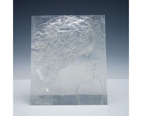 Striking cast glass sculpture by American artist Frank Gallo (1933–2019), featuring a high-relief depiction of a woman's flow