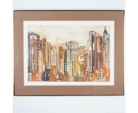 Vibrant abstract cityscape color lithograph on paper titled Fantasyscape by artist Charlotte Klebanoff, presented as an Artis