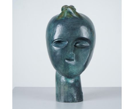 A striking bronze sculpture by Eli Ran, of an abstract female head that features a stylized, elongated form with a smooth, mi