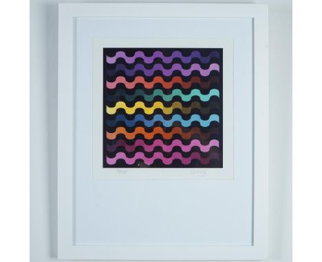 Vibrant abstract serigraph on paper by Optical artist Slutsky, featuring a rhythmic pattern of undulating wave forms in bold 