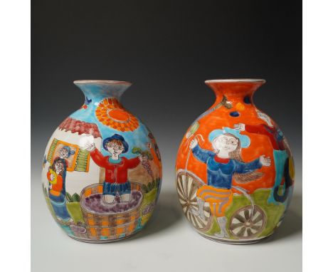 Colorful pair of hand-painted ceramic jugs by Giovanni DeSimone, each marked "DeSimone Italy 164" on the underside. These vib