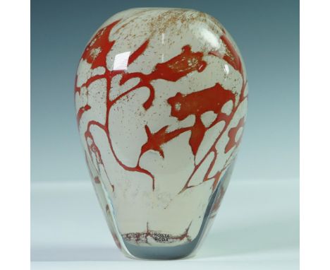 Striking Kosta Boda art glass vase designed and signed. The vase features an organic, abstract motif in rich red and white to